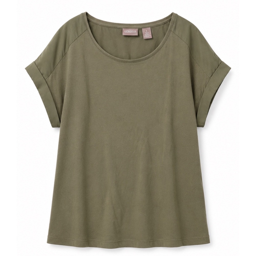 Chico's Olive Green Mixed Media Top Scoop Neck Tee Rolled Cuff Sleeves Size 1 M